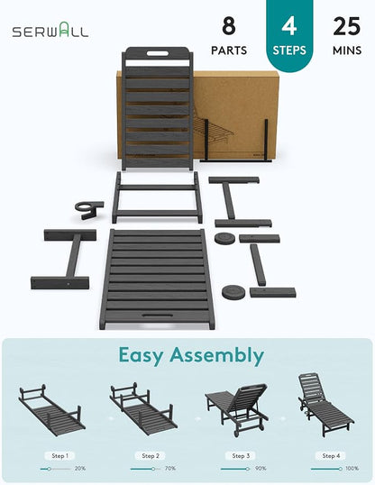SERWALL HDPE Outdoor Chaise Lounge Set of 2 with Cup Holder & Wheels, Grey | Weather-resistant chaise lounge resists fading, with 5-level adjustable back, cup holder and wheels.