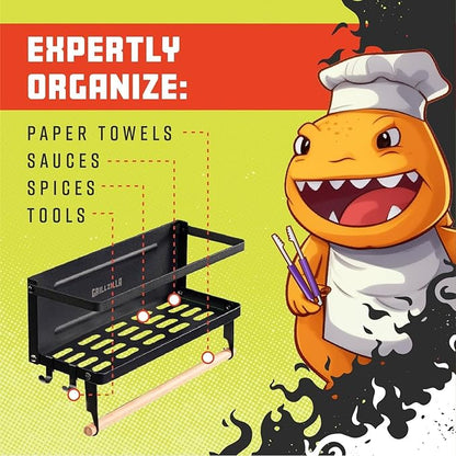 Grillzilla Grill Accessories Magnetic Grill Caddy & Organizer - Black Portable Powder-Coated Iron - BBQ Shelf & Tool Holder with Heavy Duty Magnets for Refrigerator & Oven - Foldable Design
