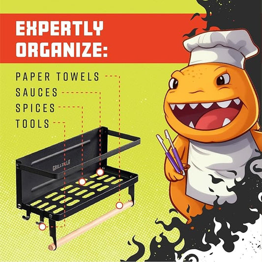 Grillzilla Grill Accessories Magnetic Grill Caddy & Organizer - Black Portable Powder-Coated Iron - BBQ Shelf & Tool Holder with Heavy Duty Magnets for Refrigerator & Oven - Foldable Design