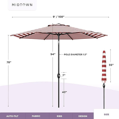 MIDTOWN UMBRELLAS The Lean 9 Feet Outdoor Umbrella With Terylast Red Stripes (Red/White Stripes) Polyester Fabric - 8 Ribs Aluminum Frame Patio Umbrella With Zinc Alloy Crank Lift And Auto-Tilt System