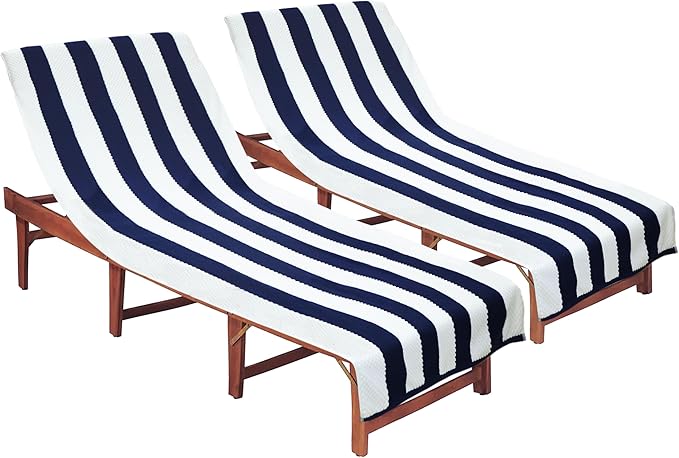 COTTON CRAFT Beach Lounge Chair Cover – 2 Pack Euro Spa Waffle Terry Towel Cabana Stripe Pool Chair Cover - 100% Cotton - 450 GSM Absorbent Quick Dry - Oversized 32 W x 82 L x 7 inch Pocket - Navy