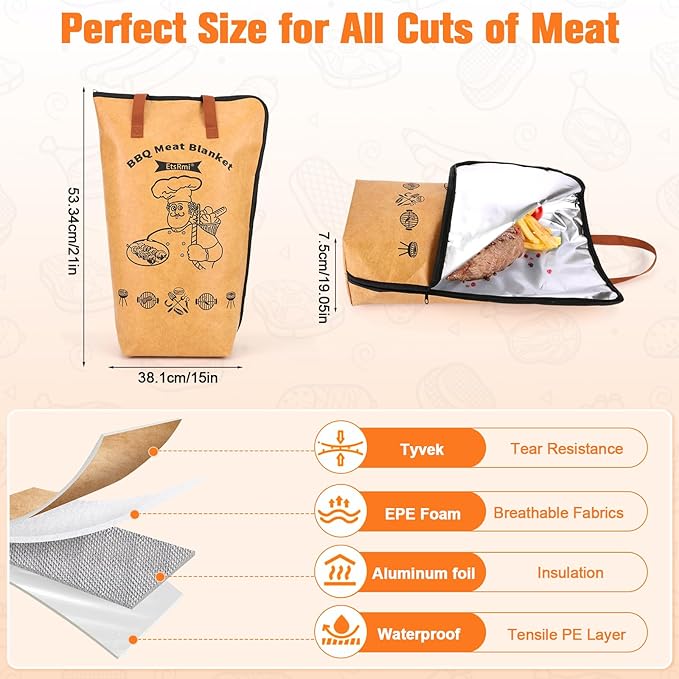 BBQ Blanket for Resting Meat – 5-Layer Insulated Brisket Blanket & Meat Resting Bag, Keeps Brisket, Turkey, Pork Shoulder & Ribs Juicy, Smoker Grill Accessories & BBQ Gifts for Men, Dads -- Brown