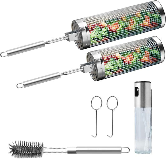 Rolling Grill Baskets (2PCS), 304 Stainless Steel with Removable Stainless Steel Handle, Rolling Grilling Net, BBQ Accessories Tools for Vegetables Shrimp, Outdoor Cooking Camping, Gifts for Men Dad Husband