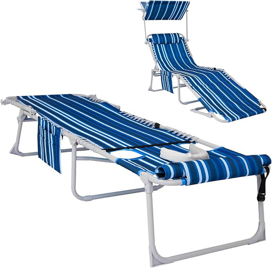 #WEJOY 3 in 1 Tanning Chair with Face Hole and Canopy, 5-Position Folding Face Down Lounge Chairs for Outside Beach Pool, 300lbs Heavy Duty Portable Sun Lounger with Pillow & Storage Bag (Blue White)
