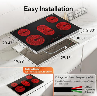 Ranein 30 Inch 5 Burner Electric Cooktop, Max 8800W 240V Ceramic Panel Built-in Electric Stove Top, with Child Safety Lock, Timer, Over-Temperature Protection