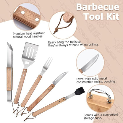 5-Piece BBQ Tools Set with Bamboo Case, Wooden Handle Stainless Steel Grill Accessories for Outdoor Cooking,Camping and Barbecue