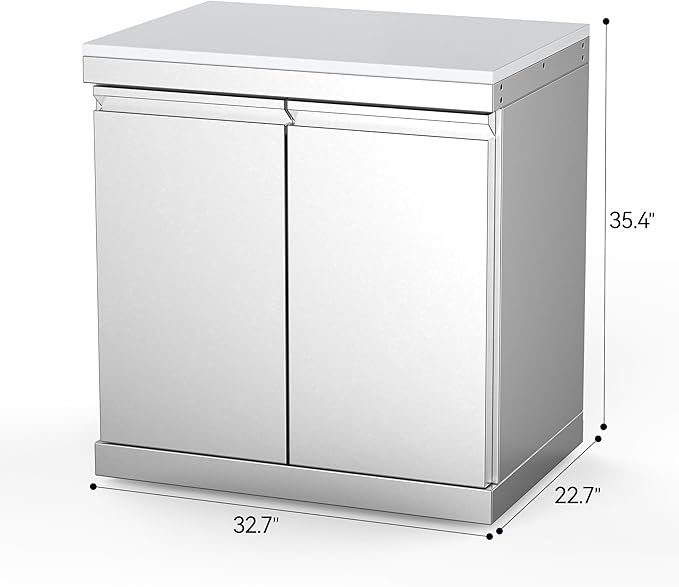 Outdoor Kitchen Double Door Empty Cabinet, Stainless Steel Storage Module with White Quartz Countertop, for Grill Island, Patio BBQ Station, No Shelves Included