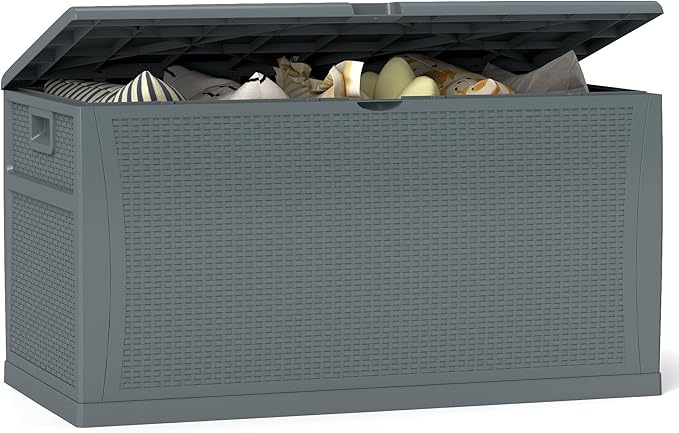 ZYJOYY 100 Gallon Resin Deck Box Waterproof Outdoor Storage Box and Patio Furniture Side Table for Pool Accessories, Gardening Tools, Outdoor Indoor Cushions, Lockable, UV Resistant