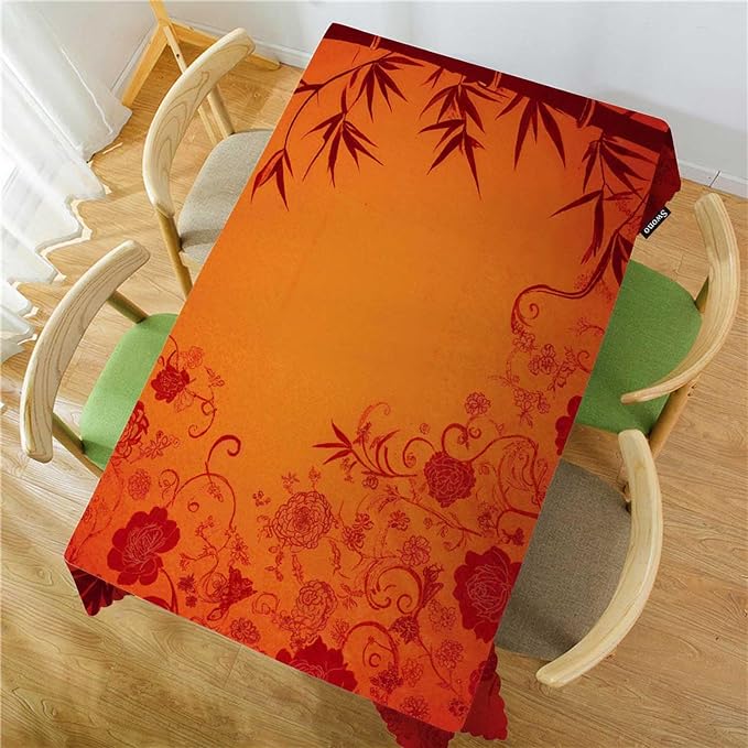 Swono Bamboo Tablecloths Traditional Red Gold Floral Bamboo Kitchen Dinning Tabletop Decoration, Polyester Table Cover for Indoor Outdoor 50x72 Inch Tablecloth