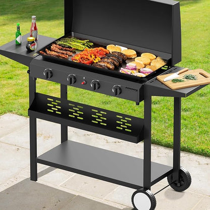 SKOK 4 Burner Gas Griddle With Hood-30 Inch Outdoor Propane Griddle-Portable Flat Top Gas Grill Camping Griddle Station with Side Shelves for Kitchen, BBQ, Camping Tailgating