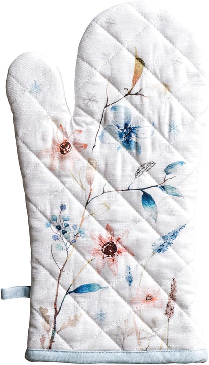 Maison d' Hermine Oven Gloves 100% Cotton Oven Mitt 7" x 13" with Loop Heat Resistant BBQ Cooking Gloves for Thanksgiving Christmas Decorations Baking Handling Hot Pans (Pack of 1, Ice Florals)