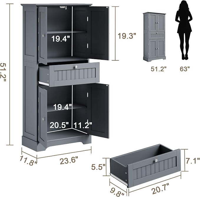 ChooChoo 51" H Bathroom Floor Cabinet with Drawers and Adjustable Shelves | Bathroom Storage Cabinet, Freestanding Kitchen Pantry Cupboard with 4 Doors for Living Room, Grey