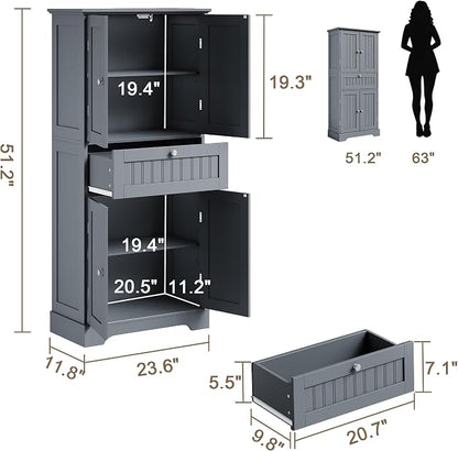 ChooChoo 51" H Bathroom Floor Cabinet with Drawers and Adjustable Shelves | Bathroom Storage Cabinet, Freestanding Kitchen Pantry Cupboard with 4 Doors for Living Room, Grey