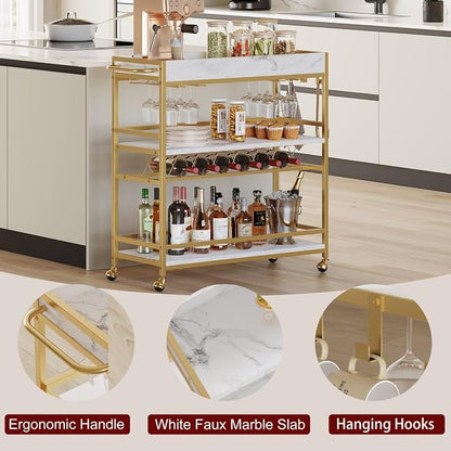 Gold Bar Cart on Wheels for Home with Wine Rack & Glass Holders | 3-Tier, Rolling Serving Cart for liquor, Wine and Beverages, Lockable Mobile Wheels for Home Bars, Faux Marble+ Gold Frame