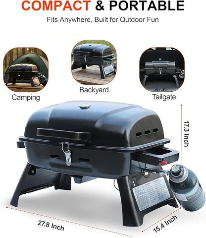 Brand-Man Portable Gas Grill with Locking Lid Folding Legs 10,000 BTU Burner 240 sq.in. Cooking Area Tabletop Small Propane Grill Foldable for Outdoor Cooking, Backyard BBQs, Vacation Camping