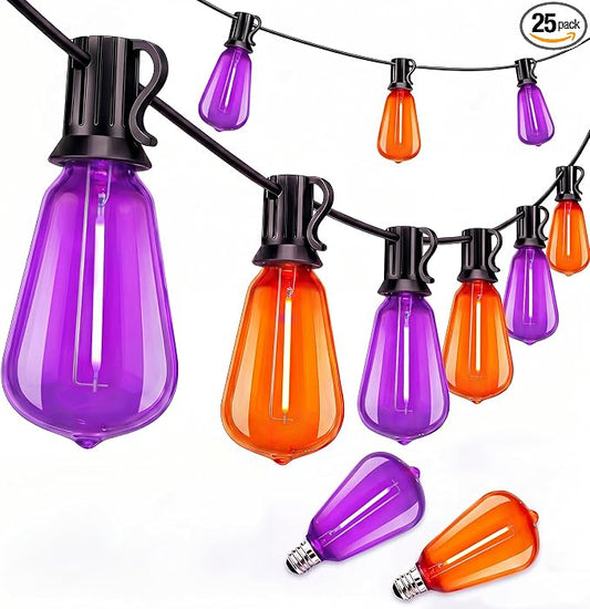 25Ft LED Outdoor String Lights, Halloween Orange Purple Lights with 25 0.6W ST38 LED Bulbs, Waterproof Connectable Patio Lights for Indoor Outdoor Backyard Garden Halloween Christmas Holiday Decor