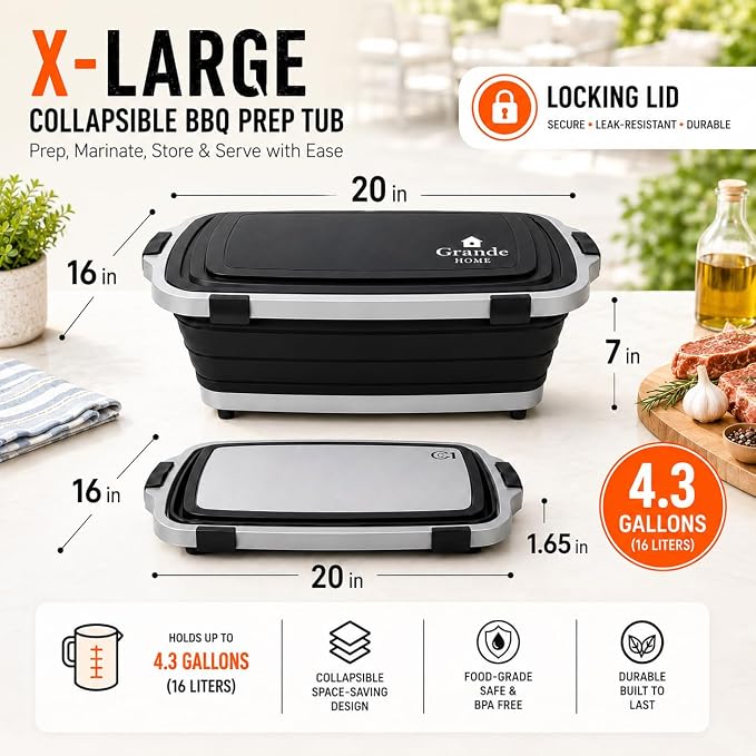 Collapsible BBQ Prep Tub with Lid and Cutting Board, XL Grilling Container | Perfect for Meal Prep, Marinade, Storage, Camping, Barbecue, Smoked, Party, Turkey, Beef, Chicken, Locking Lid, Large Size