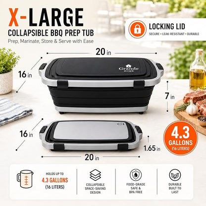 Collapsible BBQ Prep Tub with Lid and Cutting Board, XL Grilling Container | Perfect for Meal Prep, Marinade, Storage, Camping, Barbecue, Smoked, Party, Turkey, Beef, Chicken, Locking Lid, Large Size