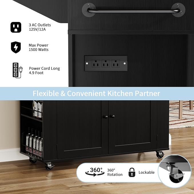 Rolling Kitchen Island with Drop Leaf Countertop, Charging Station | Ample Storage - 47.2" Mobile Kitchen Cart On Wheels with Pull-Out Shelves, Drawers, Spice Rack & Organizer Divider