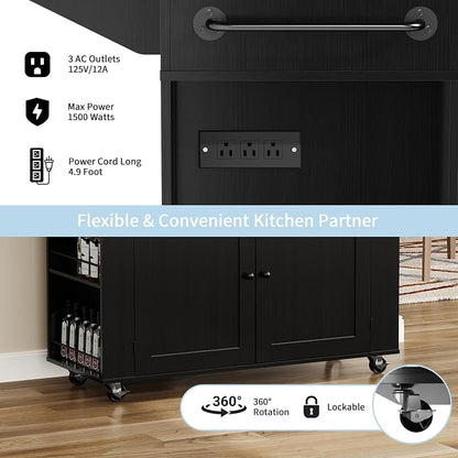Rolling Kitchen Island with Drop Leaf Countertop, Charging Station | Ample Storage - 47.2" Mobile Kitchen Cart On Wheels with Pull-Out Shelves, Drawers, Spice Rack & Organizer Divider