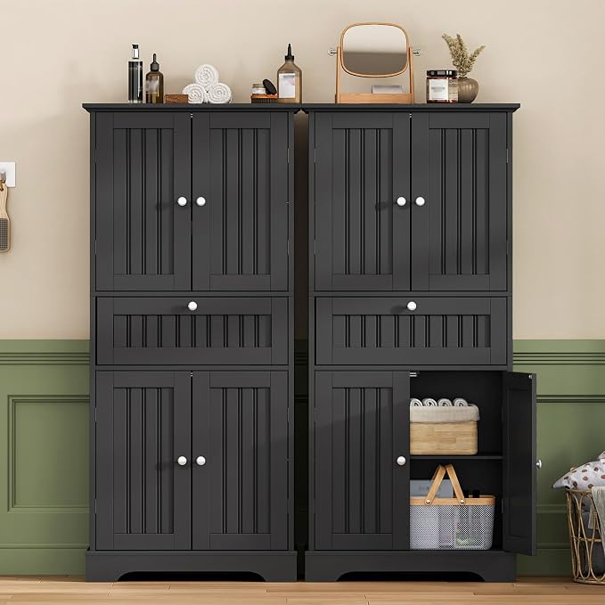 ChooChoo 51" H Bathroom Floor Cabinet with Drawers and Adjustable Shelves | Bathroom Storage Cabinet, Freestanding Kitchen Pantry Cupboard with 4 Doors for Living Room, Black