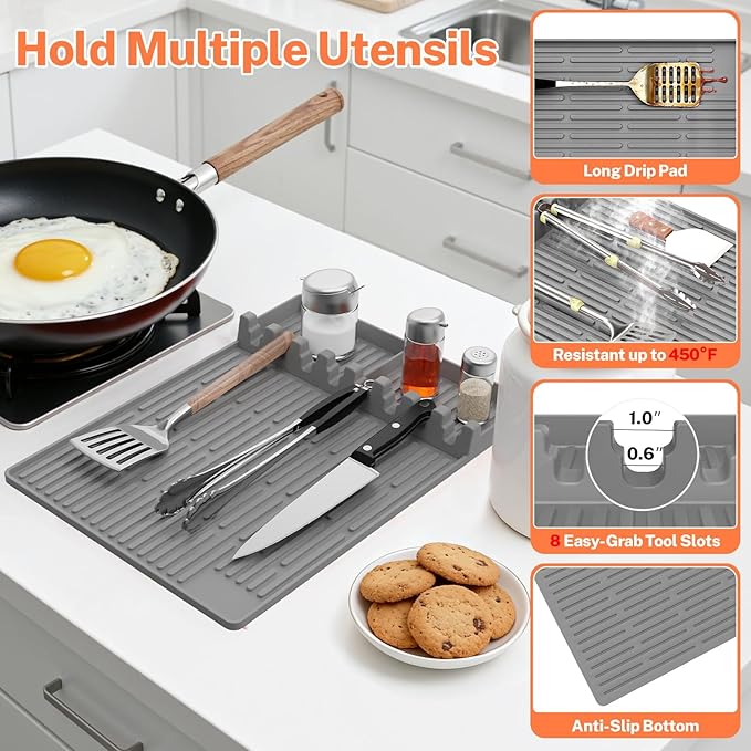 Silicone Grill Mats for Outdoor Grill - Heat Resistant Griddle Mat for BBQ Tools & Griddle Accessories, Easy to Clean Reusable Side Shelf Pad for Cooking, Grilling, Kitchen Counter (Grey)