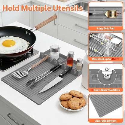 Silicone Grill Mats for Outdoor Grill - Heat Resistant Griddle Mat for BBQ Tools & Griddle Accessories, Easy to Clean Reusable Side Shelf Pad for Cooking, Grilling, Kitchen Counter (Grey)