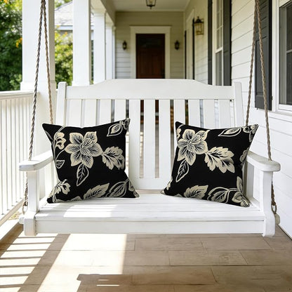 LVTXIII 2 Pack Outdoor Throw Pillow Covers for Patio Furniture, 16x16 Inch Square Pillow Case, Water-Repellent Cushion Covers for Garden, Porch, Sofa, Elegant Vines Black