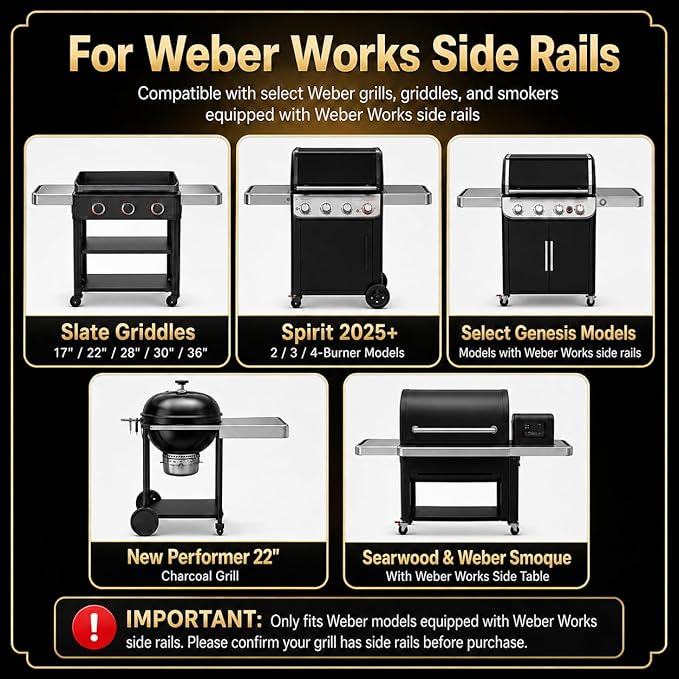 QuliMetal Weber Works Grill Rail Organizer, 5-in-1 BBQ Storage Basket with Paper Towel Bar, Bag Holder, Cup Tray & Tool Hooks, Side Rail Caddy for Weber Slate, Spirit, Genesis, Performer