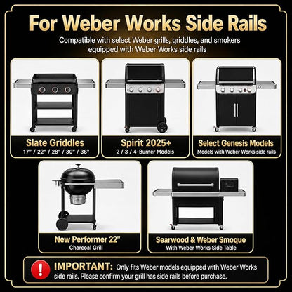 QuliMetal Weber Works Grill Rail Organizer, 5-in-1 BBQ Storage Basket with Paper Towel Bar, Bag Holder, Cup Tray & Tool Hooks, Side Rail Caddy for Weber Slate, Spirit, Genesis, Performer