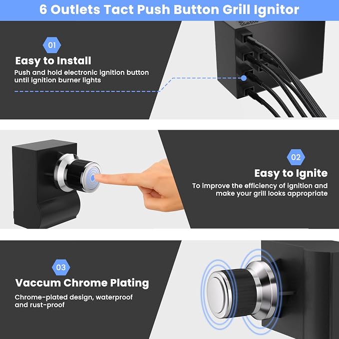 Uniflasy 6 Outlets Tact Push Button Grill Ignitor Universal for Nexgrill, Nexgrill, Char-Broil, Brinkmann, Charmglow, Grillmaster and Others Chrome Coated Spark Generator Switch Electric Igniter