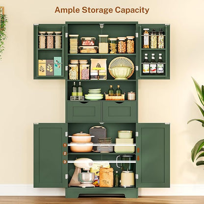 TEENFON Kitchen Pantry Cabinet with Adjustable Shelf, Tall Storage Cabinet with 2 Drawers & 4 Door Shelves, Food Pantry Cabinets, for Kitchen, Dining Room, Living Room, Green