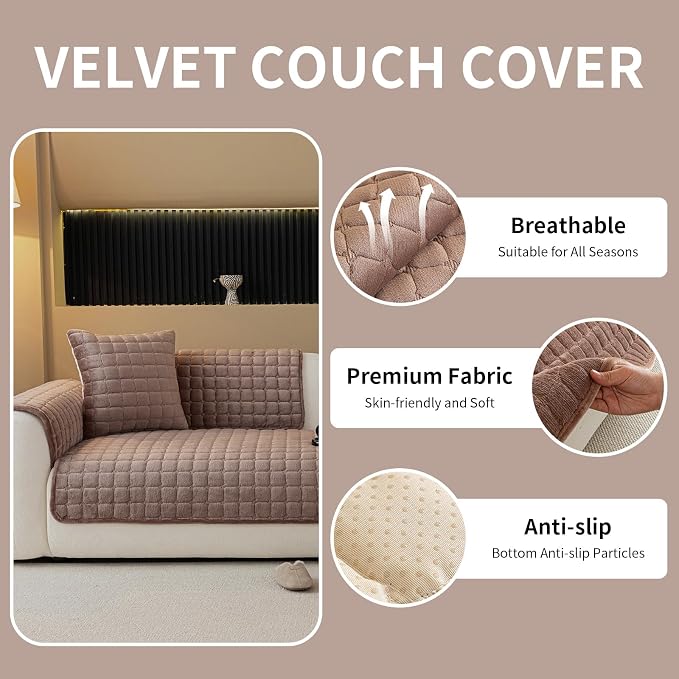 Velvet Couch Cover, Plush Sectional Sofa Cover Washable, Anti Slip Sofa Slipcover for Armrest & Backrest, Furniture Protector Covers for Pets & Kids(1PC, Dark Brown, 35.4"×35.4")