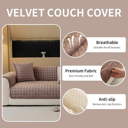 Velvet Couch Cover, Plush Sectional Sofa Cover Washable, Anti Slip Sofa Slipcover for Armrest & Backrest, Furniture Protector Covers for Pets & Kids(1PC, Dark Brown, 35.4"×35.4")