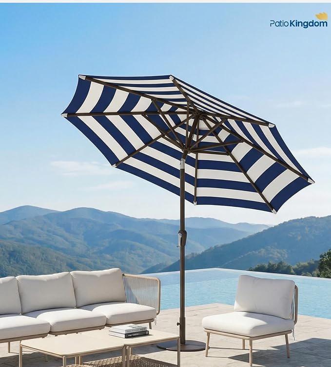 PatioKingdom Auto-Tilt 9FT Patio Umbrella Outdoor with 8 Sturdy Fiberglass Ribs,Market Table Umbrella for Pool,Backyard,Deck and Garden