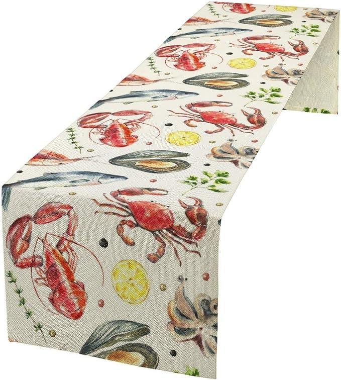 Crawfish Boil Table Runner Hand Draw Crab Shrimp Octopus Mussel Lemon Peppers Seafood Boil Themed Birthday Party Decoration Dining Room Home Kitchen Decor 13" x 90"