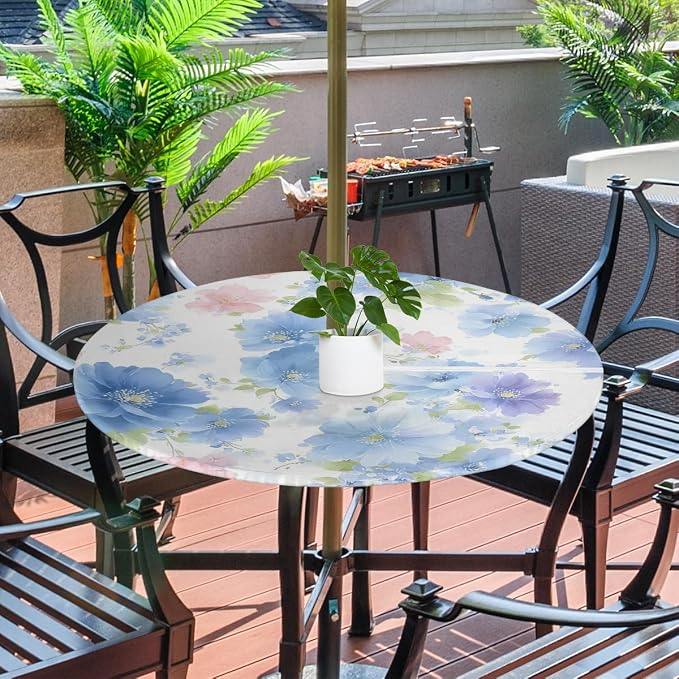 Romantic Flowers Outdoor Round Fitted Tablecloth with Umbrella Hole and Zipper, 36"-44" Elastic Patio Table Cloth Oil-Proof Waterproof Patio Table Cover for Picnic Party Camping