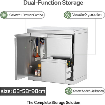 Outdoor Kitchen Combo Cabinet Left Door + Right Two Drawers, Stainless Steel Storage with White Quartz Countertop, for Grill Island, Patio BBQ Station