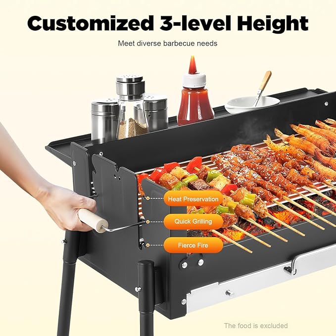 Outdoor BBQ Grill, Barbecue Wood Charcoal Grill with 201 Stainless Steel, Folding Portable BBQ Tool Kits, 3-Gears Height Adjustment Standing BBQ Grill for Outdoor Hiking, Cooking Camping Picnics