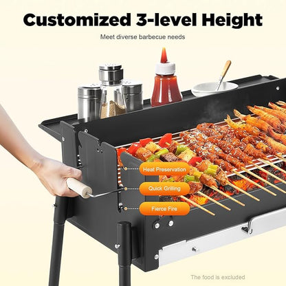 Barbecue Charcoal Grill, Stainless Steel Folding BBQ Tool Kits with 3-Level Temperature Control & Height Adjustable, Portable Grill for Outdoor Cooking Camping Hiking Picnics Garden Beach Party