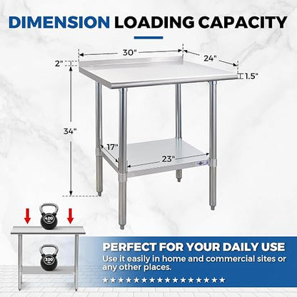 Profeeshaw Stainless Steel Prep Table 24''x30'' Workbench with Backsplash | NSF Commercial Metal Work Table, with Undershelf, Heavy Duty Table, for Kitchen, Restaurant, Home, Gargae and Hotel, 18-gauge
