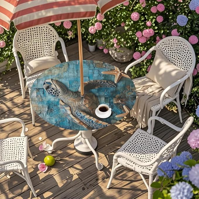 Round Outdoor Tablecloth with Umbrella Hole - Waterproof Patio Table Cover with Zipper Elastic Table Cloth Fits 36"-44" Tables for Party Cafe Garden Decor(Sea Turtle)