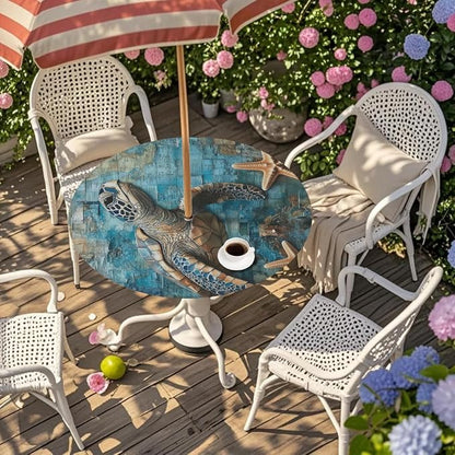 Round Outdoor Tablecloth with Umbrella Hole - Waterproof Patio Table Cover with Zipper Elastic Table Cloth Fits 36"-44" Tables for Party Cafe Garden Decor(Sea Turtle)