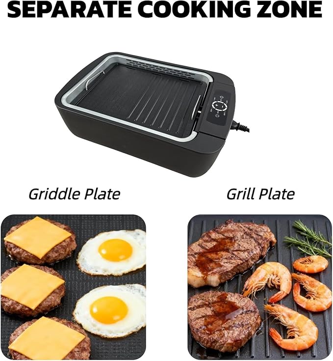 Indoor Smokeless Grill & Griddle 1100W Electric Gill Korean BBQ Low Smoke with Fan 6-Speed Temperature Control Non-Stick ‎Grill Plate with Drain Holes Dishwasher Safe 5-Serving Apartment Dorm