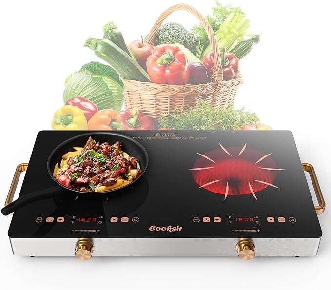 2 Burner Electric Cooktop - 24 Inch Portable Electric Stovetop 110V, 2000W Countertop Tow Burner Ceramic Cooktop with LCD Control Panel, Child Lock, Timer, Knob Control with Plug (Golden)