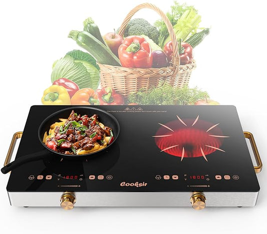 2 Burner Electric Cooktop - 24 Inch Portable Electric Stovetop 110V, 2000W Countertop Tow Burner Ceramic Cooktop with LCD Control Panel, Child Lock, Timer, Knob Control with Plug (Golden)