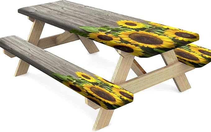 Yellow Sunflower Picnic Table Cover with Bench Covers, Vintage Wood Grain with Sunflower Print Elastic Polyester Backing Oblong Fitted Table Cloths, 72x28 In, for Outdoor/BBQ/Camping Use, 3 Pcs Set