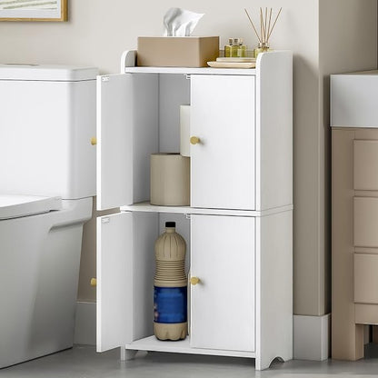 HEXCELEN Small Storage Cabinet, Modern Minimalism, White | Bathroom Storage Cabinet, 4 Doors, Floor Bathroom Organizer Freestanding, For Small Spaces, Living Room, Kitchen, Entryway