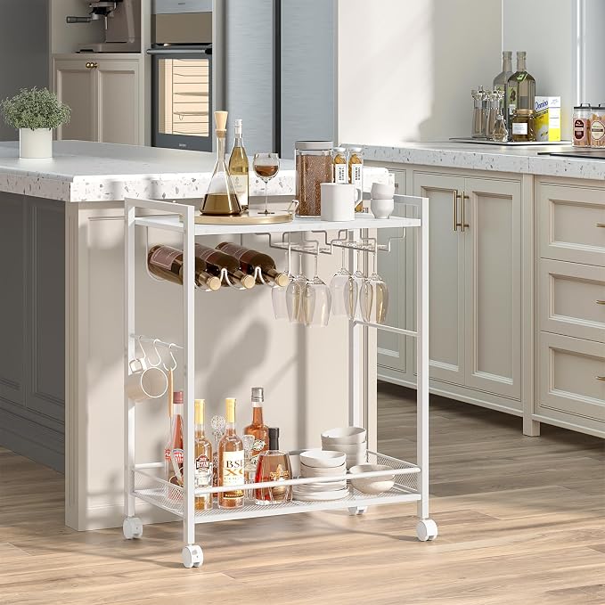 Joaxswe Bar Cart,2-Tier Home Bar Serving Cart with Lockable Wheels,White | Microwave Cart,Mobile Kitchen Shelf,Rolling Beverage Cart with Wine Rack and Glass Holder for Kitchen,Dinning Room