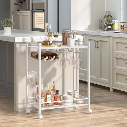 Joaxswe Bar Cart,2-Tier Home Bar Serving Cart with Lockable Wheels,White | Microwave Cart,Mobile Kitchen Shelf,Rolling Beverage Cart with Wine Rack and Glass Holder for Kitchen,Dinning Room